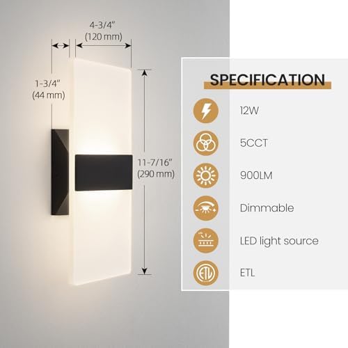 Hardwired Wall Sconces Set of Two, 12 Inch Modern Black Wall Lights, - Image 5