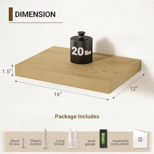 Vivelove 12 Inch Deep Floating Shelves 16 inch Long, Oak Shelf - Image 3