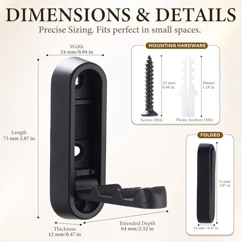 Folding Wall Hooks, 2 Pack Black Heavy Duty Coat Hooks, Screw Mounted - Image 2