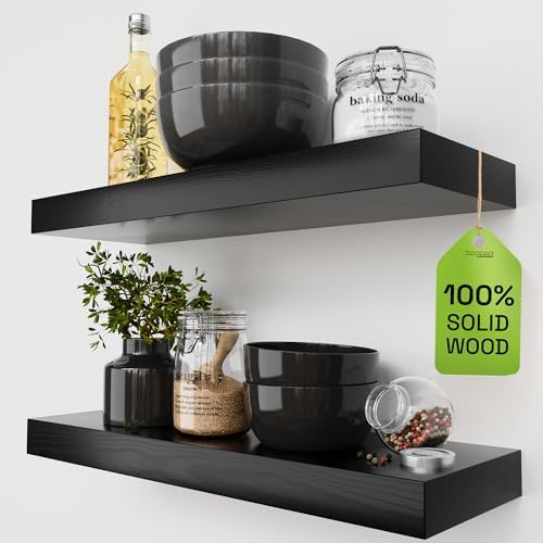 Solid Wood Floating Shelves for Wall 20 Inch Black, Wooden Bathroom Shelf by BAOBABWORKSHOP