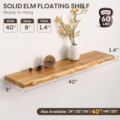 40" Floating Shelves, Solid Elm Wood, Natural Live Edge - Image 3