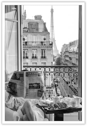 Vintage Girl Reading Newspaper Poster Eiffel Tower View Canvas Wall Art Retro by Unknown