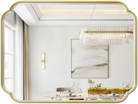 Gold Bathroom Mirror, 30” x 40” Scalloped Rounded Corner Rectangle Wall Mirrors by Wiserset