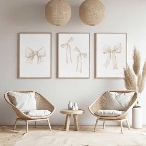 Preppy Bow Wall Art Decor Set of 3 Beige Coquette Wall Art Aesthetic Canvas - Image 4