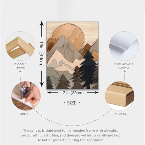 Set of 3 Mountain canvas Wall Art Large Forest Wall Decor pictures Woodcut - Image 5