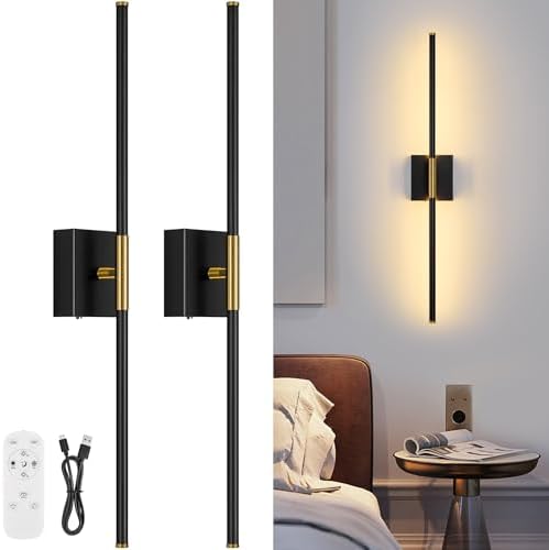 Wall Sconces Set of Two with Remote Control 29.1 in Dimmable Black Gold Battery by JZEKVN