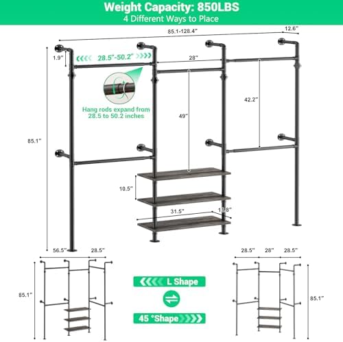 Aheaplus Expandable Industrial Pipe Clothing Rack, 7.3-10.9Ft Closet System - Image 7