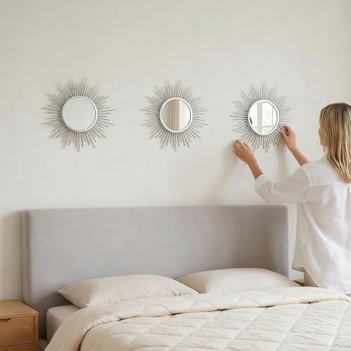 Boho Sunburst Wall Mirror Set of 3, 12 Inch Round Antique & Modern Metal Wall - Image 5