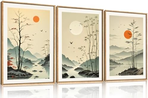 Chinoiserie Bamboo Forest Framed Canvas Wall Art Set, Nature Tree Lakes Wall - Image 5