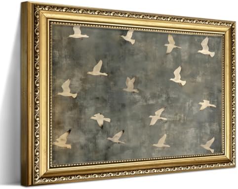 Gold Framed Flying Bird Wall Art, Vintage White Dove Print by Unknown