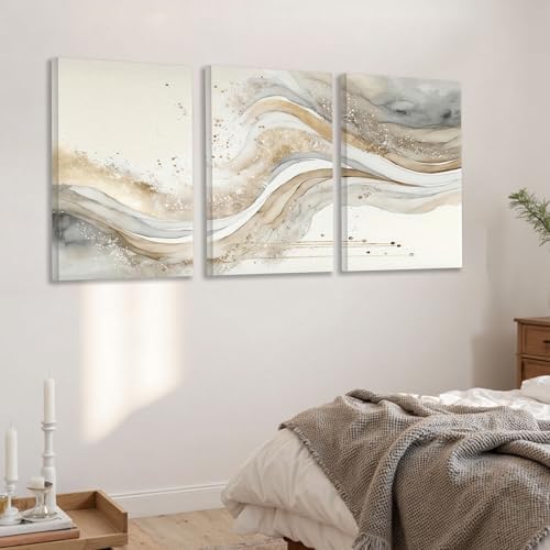 AVECCO Triptych Abstract Gold Grey Wave Wrapped Wall Art Canvas 16x24 Inch - Image 5