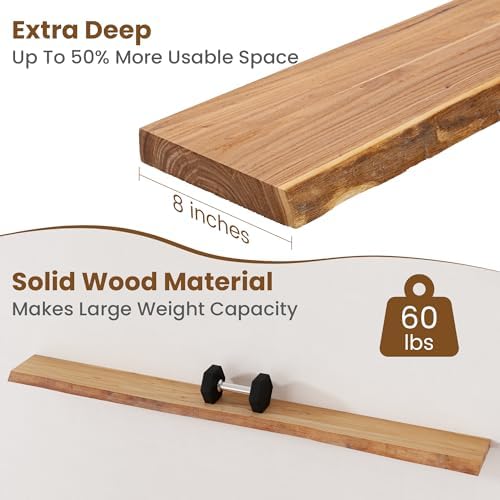 FLYJOE Floating Shelves for Wall Decor, Rustic Solid Elm Wood Live Edge - Image 5