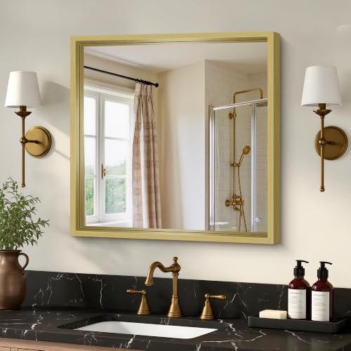 Bathroom Mirror, 24 x 24 inch Natural Wood Grain Colored Aluminum Metal Frame by WelcometoCIVENO