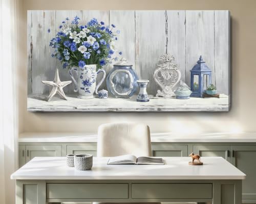 Nicetop Large Coastal Wall Art – Blue and White Floral Artwork, Rustic - Image 6