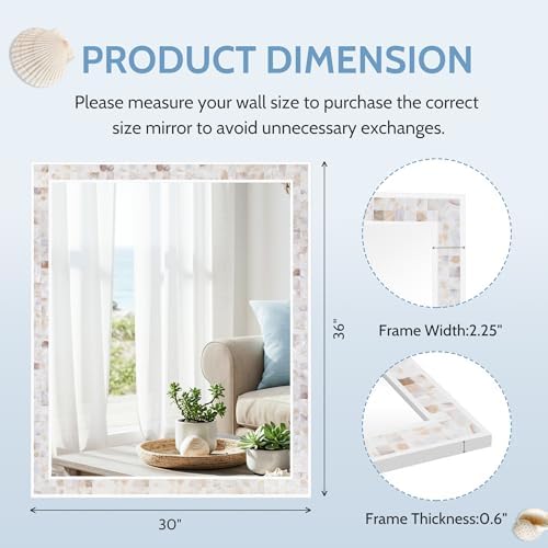 30 x 36 Inch Bathroom Rectangle Wall Mirror, Natural Shell Mosaic Frame - Image 3