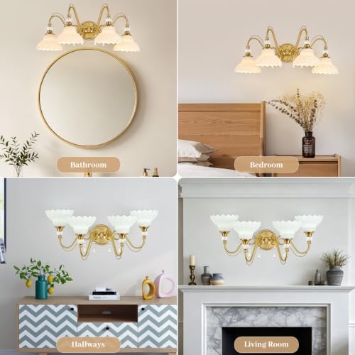 Vintage Bathroom Vanity Light, 4-Light Brushed Gold Finish Wall Sconce - Image 4