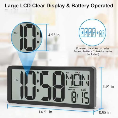 XREXS 14.5 Inch Battery Operated Digital Wall Clock - Image 5