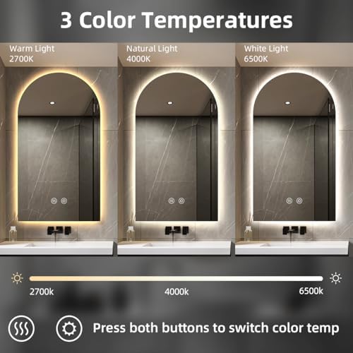 40" H x 24" W Frameless Arched LED Bathroom Mirror, Backlit Vanity Mirror - Image 3