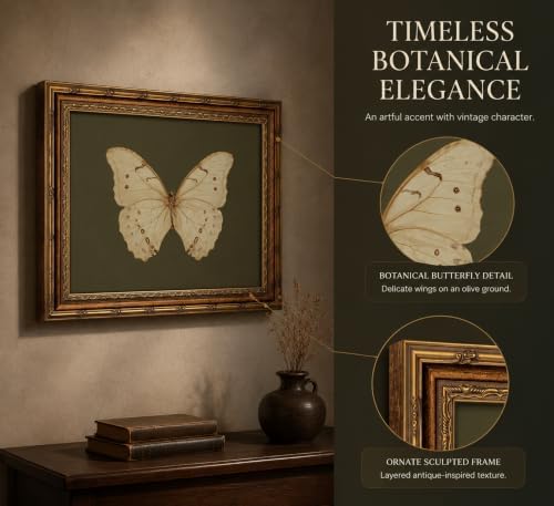 Vintage Gold Framed Wall Art Retro White Butterfly Canvas Print Dark Green - Image 5