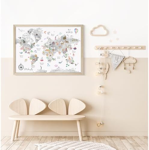 Joocrise Grey Kids World Map Wall Art Animal Map Canvas Wall Art Nursery Wall - Image 6