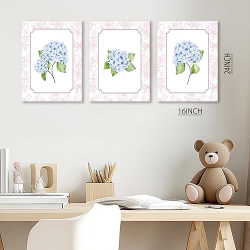 Blue Hydrangea Wall Art Set of 3, Preppy Blue Hydrangea Canvas Prints Poster - Image 5