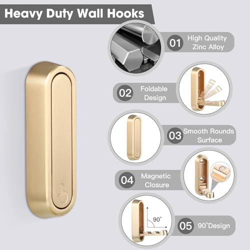 Folding Coat Hooks, 6 Pack, Wall Hook, Hanging Towels Clothes Bag - Image 2