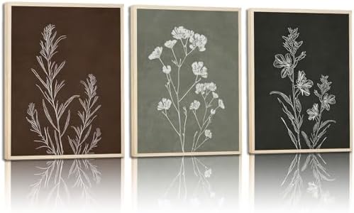 Neutral Botanical Framed Wall Art, 3 Piece Line Art Set, 12x16 Each by Unknown