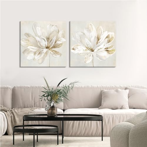 SEVEN WALL ARTS 2 Pcs Beige and Gold Flower Wall Art Blooming Flower Abstract - Image 4