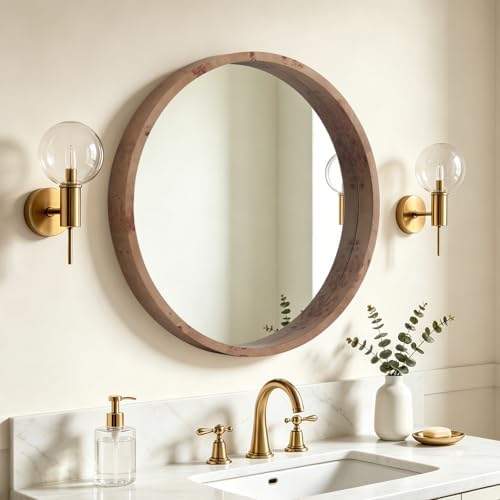 WallBeyond 24 Inch Round Wood Mirror, Burlwood Grain Wood Frame Circle Mirror - Image 2