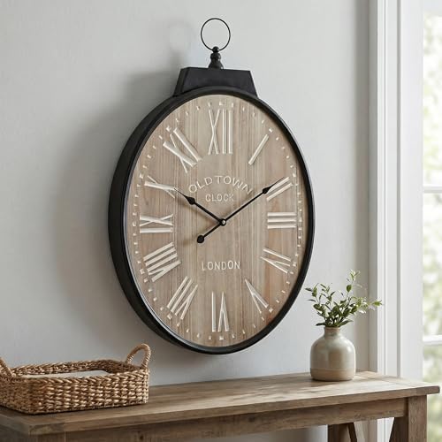 Large Oval Wall Clock 25 Inch, Rustic Farmhouse Wooden Decorative Clock by EMAXHOME