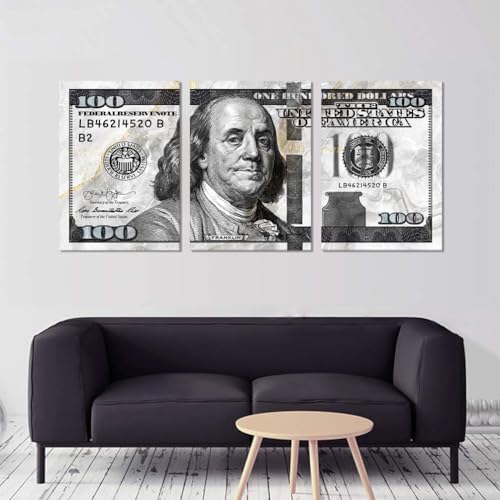 Money Pictures Wall Decor 3 Panels One Hundred Dollars Pictures Wall Art Grey - Image 3