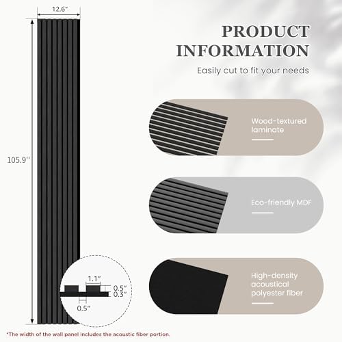 4 Pack Acoustic Wood Wall Panels 105.9" x 12.6" x 0.8", Matte Black - Image 3