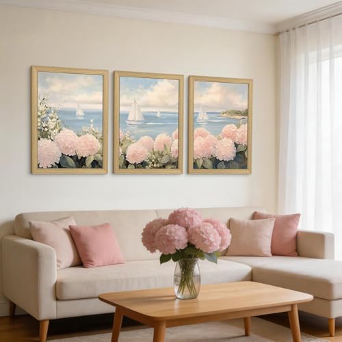 Flower Ocean Sailboat Canvas Wall Art 3Pcs Framed Home Decor 12X16 Inch - Image 2