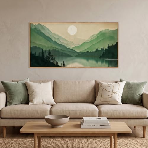 Green Boho Mountain Lake Framed Canvas Wall Art Set-40"x20"x1 by Celestdeco