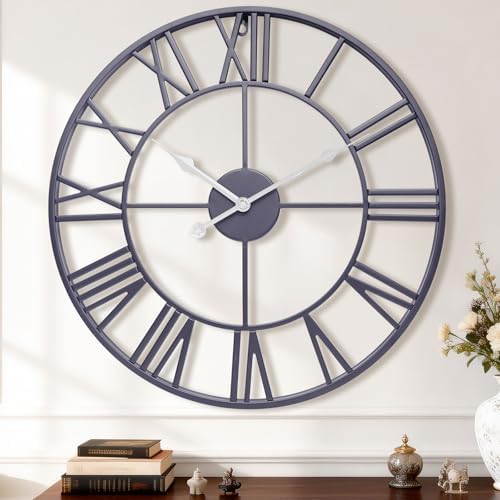 24 Inch Slate Gray Metal Big Roman Numerals Large Wall Clocks by MuZi+famlily