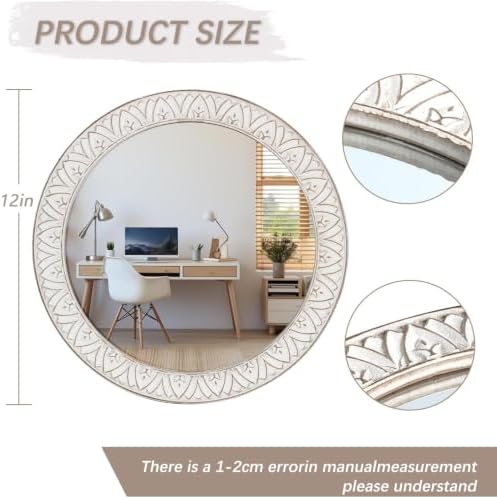 12in Round Mirror Farmhouse Wooden Frame Circle Mirrors, Rustic Decorative - Image 2