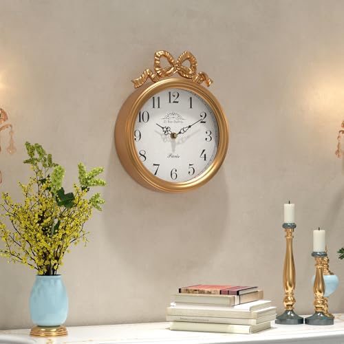 French Small Wall Clock with Bow, Vintage Gold Boho Style - Image 4