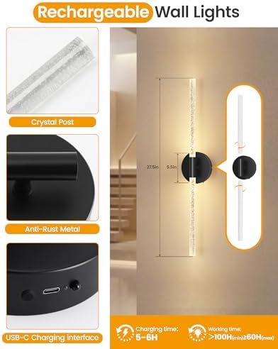 NIORSUN Crystal-Inspired Bubble Battery Operated Wall Sconce Set of 2, 10000mAh - Image 6