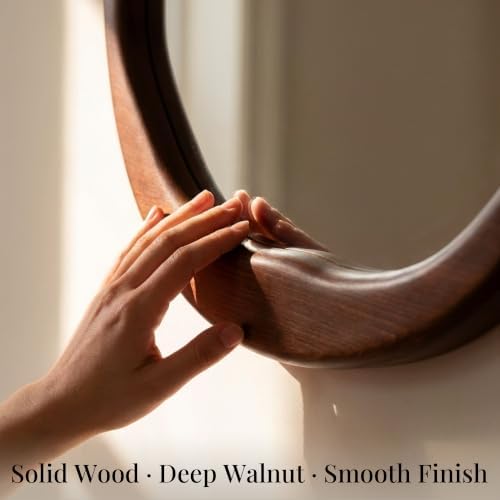 Dark Walnut 24 Inch Round Wood Wall Mirror, Asymmetrical Inner Edge - Image 3