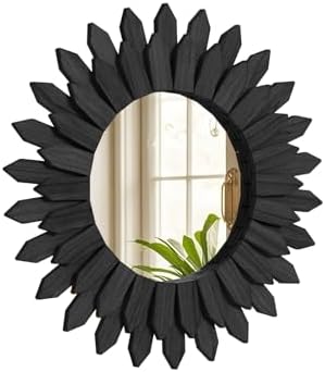 20" Black Round Sunburst Wooden Mirror Boho Rustic Wall Decor by VETROVUE
