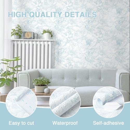 Dimoon 118"x17.3" Peel and Stick Wallpaper Blue Floral Contact Paper Boho White - Image 3