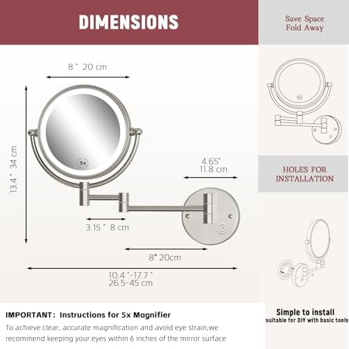 Wall Mounted Lighted Makeup Mirror, 1/5X Magnifying, Brass Brushed Nickel - Image 6