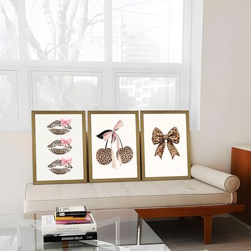 Framed Leopard Print Wall Art Set of 3, Cute Cherry Lips Bow Canvas Posters - Image 6