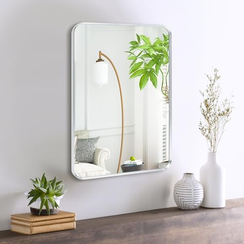 Silver Bathroom Mirror 18x24in, Metal Framed Rounded Rectangle by Minuover
