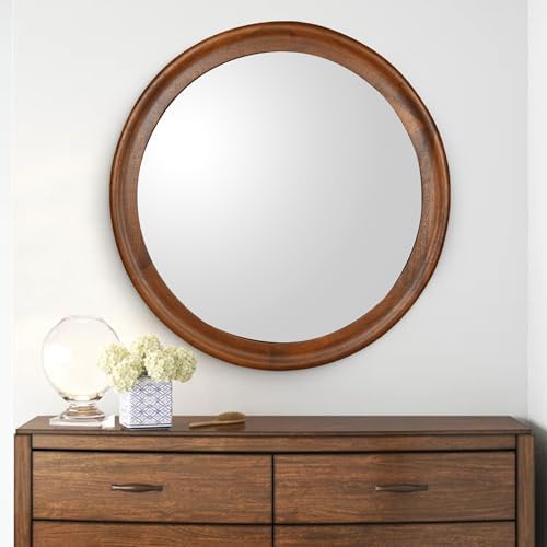Round Wood Mirrors 30 Inch, Rustic Decorative Wall Mirror by WIOWUR