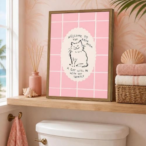 Cute Pink Bathroom Cat Wall Art Welcome to the Bathroom Sign Trendy Animal - Image 5