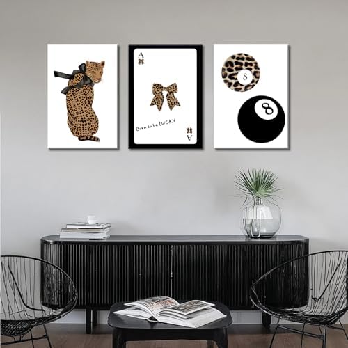 Set of 3 Trendy 8 Ball Leopard Canvas Wall Art Ace Card Bow Wall Decor Pictures - Image 6