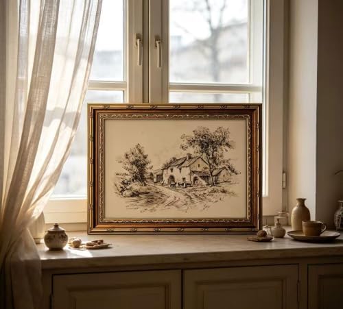 Vintage Gold Framed Farmhouse Sketch Wall Art，Retro Country Cottage - Image 3