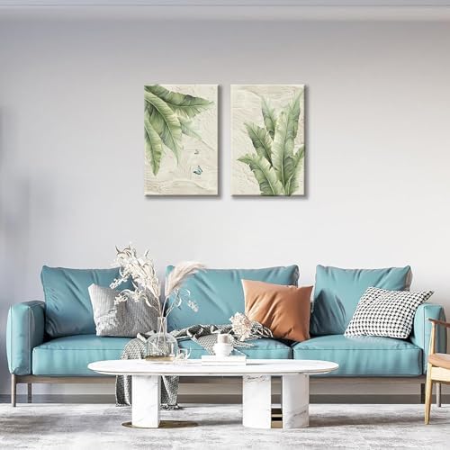KBCXOY Tropical palm tree Wall Art Set of 2 Green Leaf Canvas Prints Minimalist - Image 6