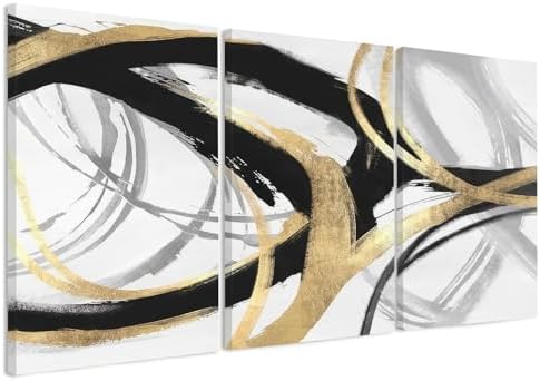 DUWQU Triptych Black Gold White abstract Lines Canvas Wall Art 20x30 in x3 by DUWQUCanvasWallArt
